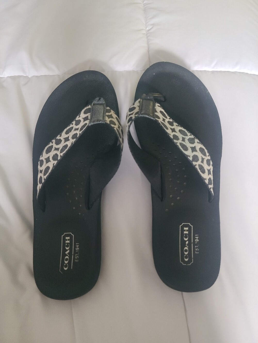 Coach Black Flip Sandals with Cream Monogram Strap